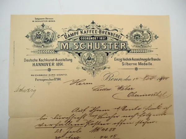 Firmenbrief M. Schuster Dampf Kaffee Brennerei Bonn 14.11.1900