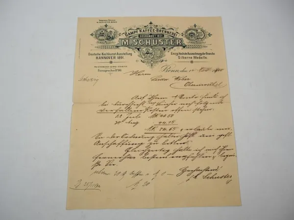 Firmenbrief M. Schuster Dampf Kaffee Brennerei Bonn 14.11.1900