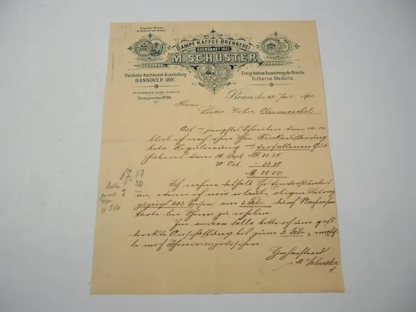 Firmenbrief M. Schuster Dampf Kaffee Brennerei Bonn 26.01.1901