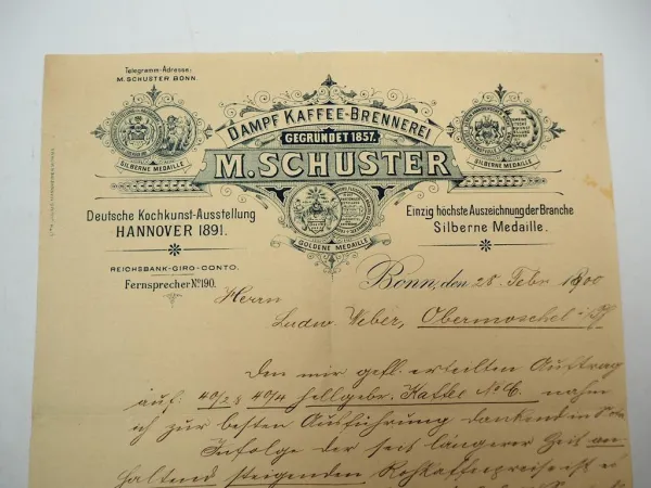 Firmenbrief M. Schuster Dampf Kaffee Brennerei Bonn 28.02.1900