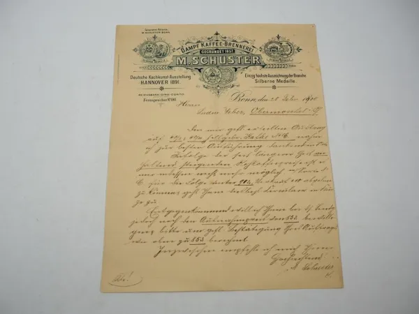Firmenbrief M. Schuster Dampf Kaffee Brennerei Bonn 28.02.1900
