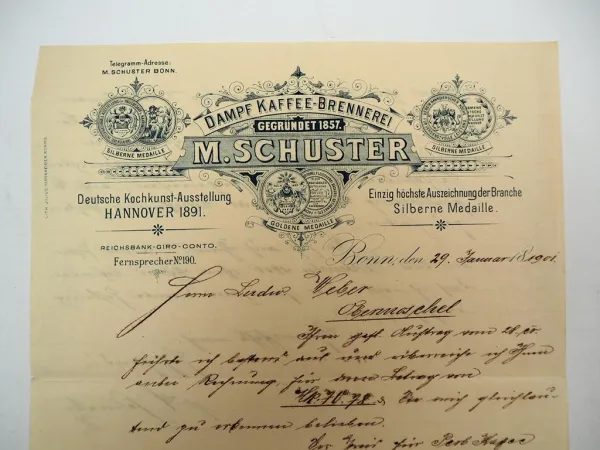 Firmenbrief M. Schuster Dampf Kaffee Brennerei Bonn 29.01.1901