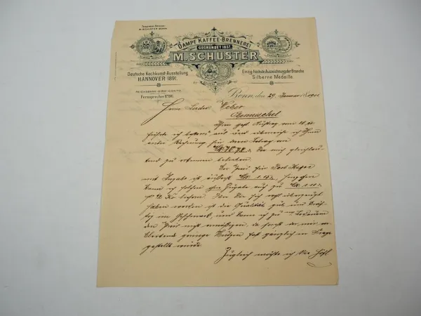 Firmenbrief M. Schuster Dampf Kaffee Brennerei Bonn 29.01.1901