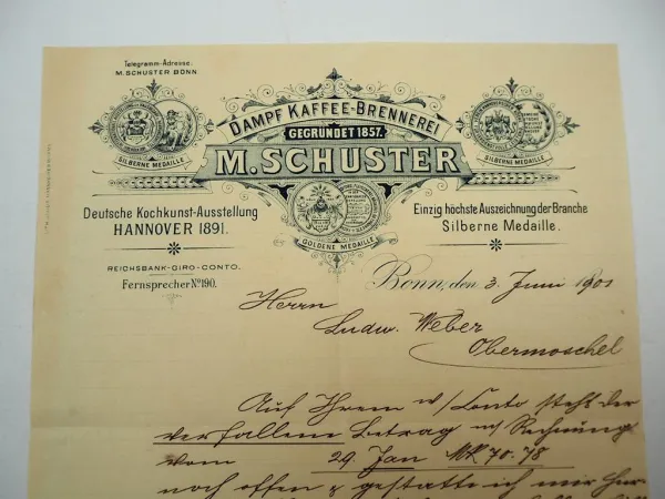 Firmenbrief M. Schuster Dampf Kaffee Brennerei Bonn 3.06.1901