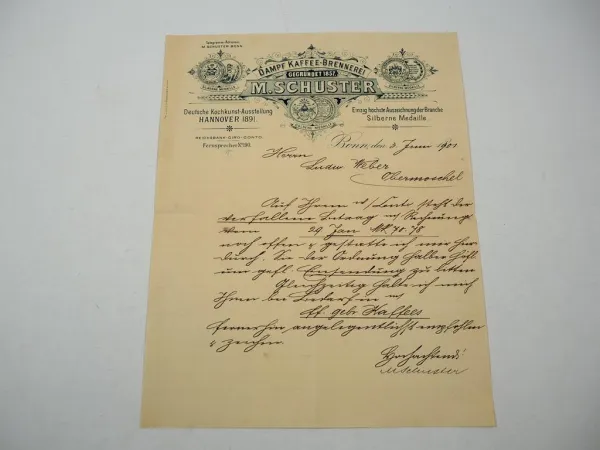 Firmenbrief M. Schuster Dampf Kaffee Brennerei Bonn 3.06.1901
