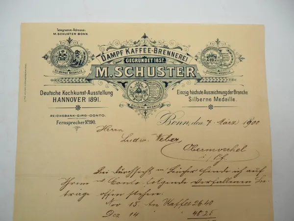 Firmenbrief M. Schuster Dampf Kaffee Brennerei Bonn 7.03.1900