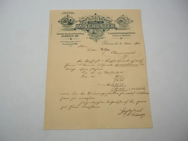 Firmenbrief M. Schuster Dampf Kaffee Brennerei Bonn 7.03.1900