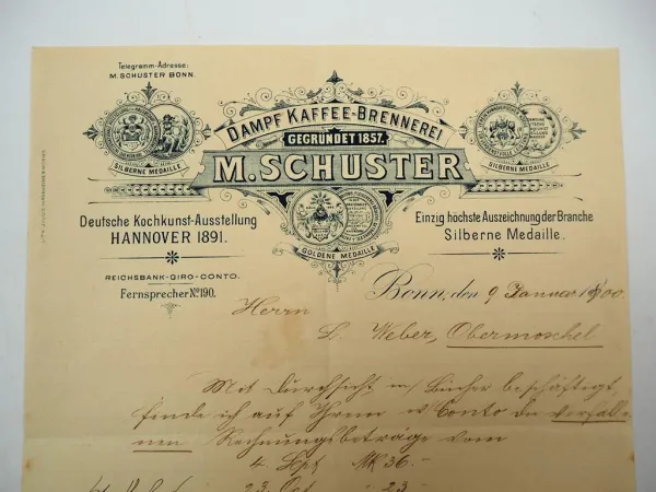 Firmenbrief M. Schuster Dampf Kaffee Brennerei Bonn 9.01.1900