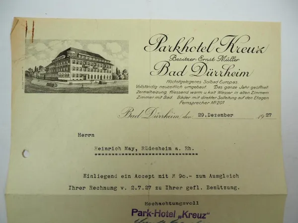 Firmenbrief Parkhotel Kreuz Bad Dürrheim Baden Württemberg 1927