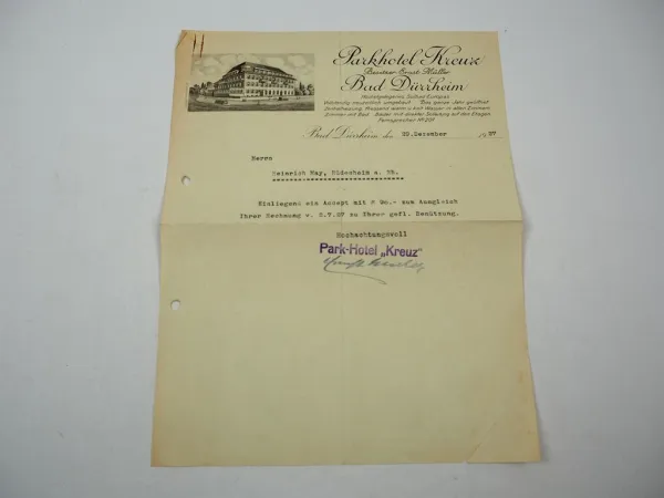 Firmenbrief Parkhotel Kreuz Bad Dürrheim Baden Württemberg 1927