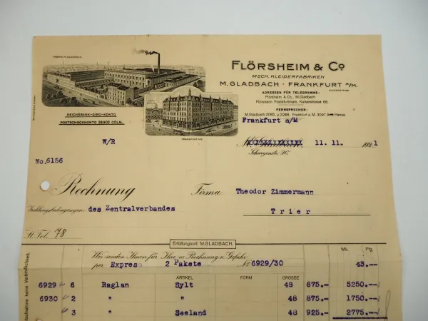 Flörsheim Co. Mönchengladbach Frankfurt Mech. Kleiderfabriken Rechnung 1921