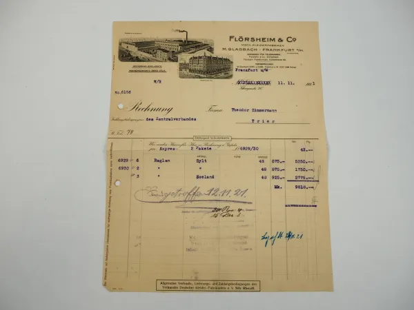 Flörsheim Co. Mönchengladbach Frankfurt Mech. Kleiderfabriken Rechnung 1921