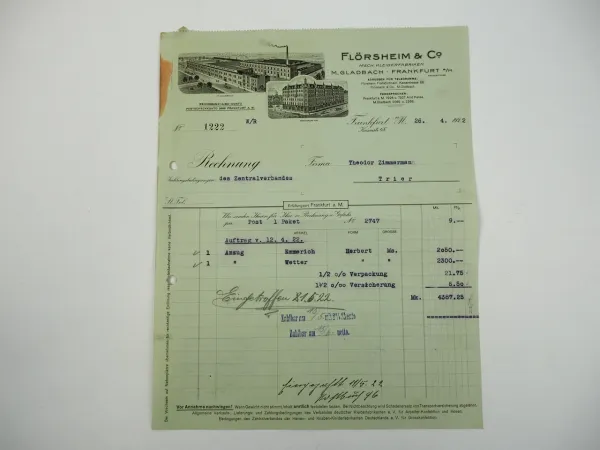 Flörsheim Co. Mönchengladbach Frankfurt Mech. Kleiderfabriken Rechnung 1922