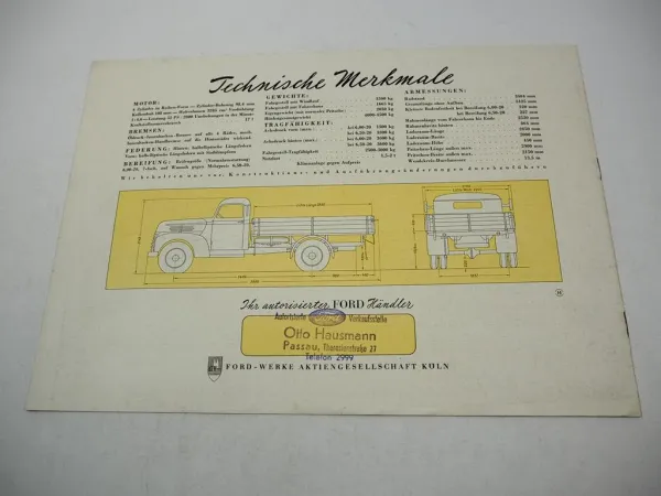 Ford 1,5 - 2 T BB Spezial FK Serie Prospekt Technische Daten ca. 1955er Jahre