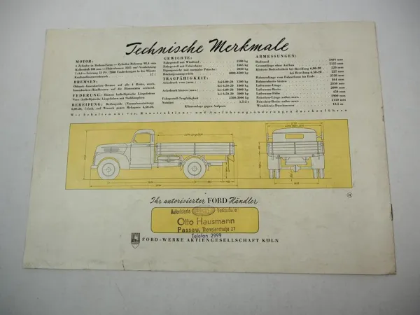 Ford 1,5 - 2 T BB Spezial FK Serie Prospekt Technische Daten ca. 1955er Jahre