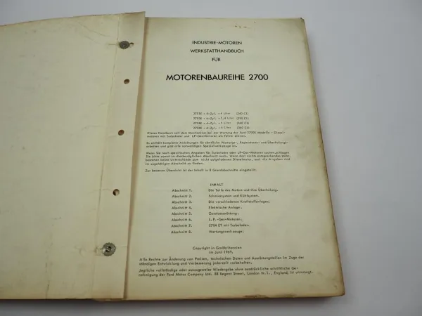 Ford 2700 Baureihe 4 & 6 Zyl. 2701E 2703E 2704E Motor Werkstatthandbuch 1969