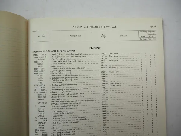 Ford Anglia Saloon Thames 5 cwt Van Spare Parts List 1939 - 1953