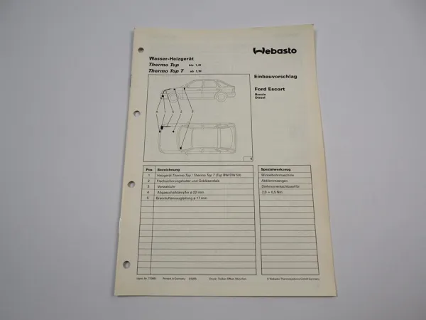 Ford Escort Mk5 1991 Einbauanleitung Webasto Thermo Top T BW50 DW50 Heizung