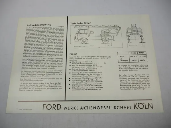 Ford FK 1000 1250 Feuerwehr mit Drehleiter DL 10 Bachert Prospekt ca. 1960er J.
