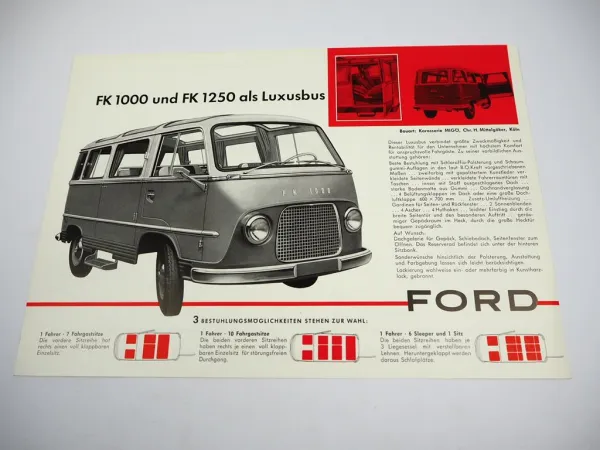 Ford FK 1000 1250 Luxusbus Bauart MIGÖ Prospekt Technische Daten ca. 1960er J.