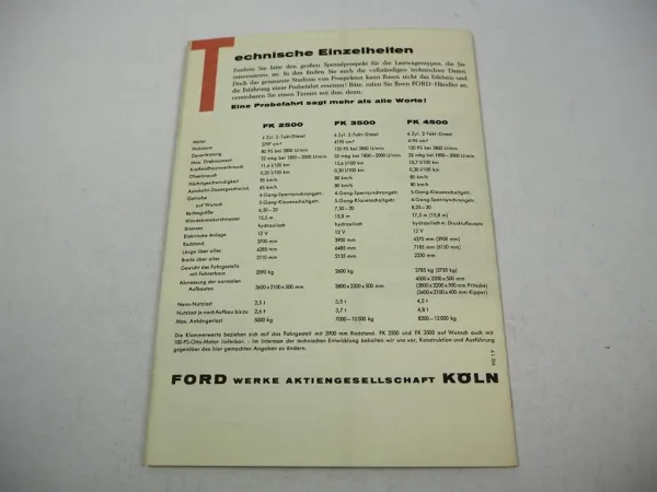 Ford FK 2500 3500 4500 Lastkraftwagen Prospekt Technische Daten 1960er J.