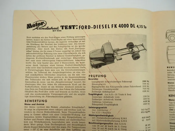 Ford FK 4000 Diesel DL 4,15 t LKW Testbericht Prospekt 1953