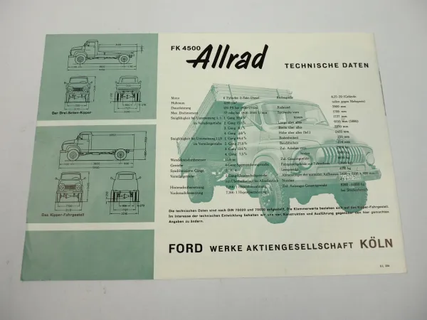 Ford FK 4500 Allrad LKW 4.5 t 120 PS 6 Zylinder 2 Takt Motor Prospekt 1950er Jahre