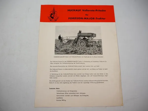 Ford Fordson Major Schlepper mit Huckauf Vollernte Pritsche Prospekt 1950er J.