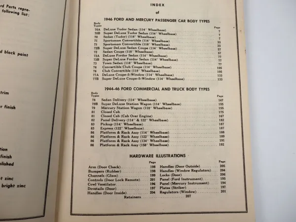 Ford Mercury Passenger Cars and Trucks 1944 to 1946 Body Parts List
