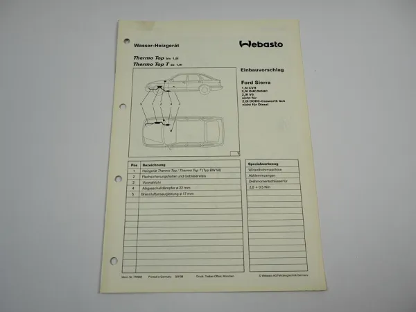 Ford Sierra 1990 1,6 2,0 L... Einbauanleitung Webasto Thermo Top T BW50 Heizung