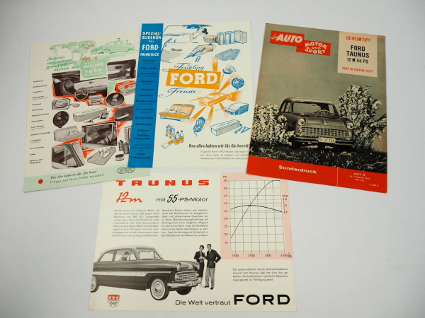 Ford Taunus 12M 55 PS Zubehör 3x Prospekt Testbericht 1960er Jahre