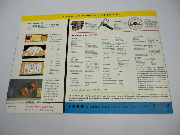 Ford Taunus 15 M G13 PKW Cabriolet Prospekt Technische Daten ca. 1950er Jahre