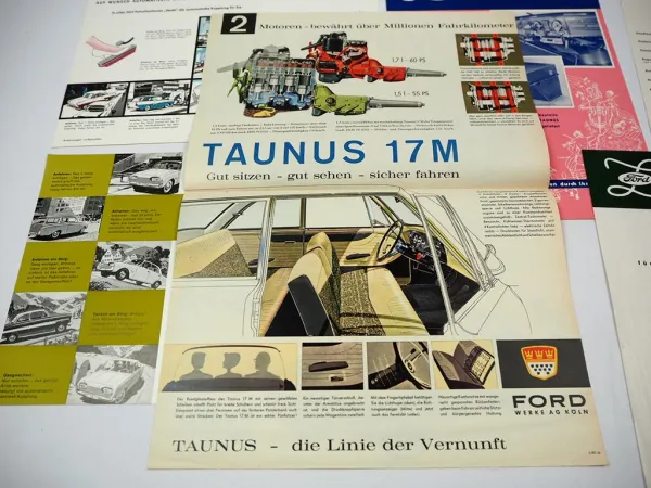 Ford Taunus 17M und Zubehör Radio Klima Koffer 6x Prospekt 1950/60er Jahre