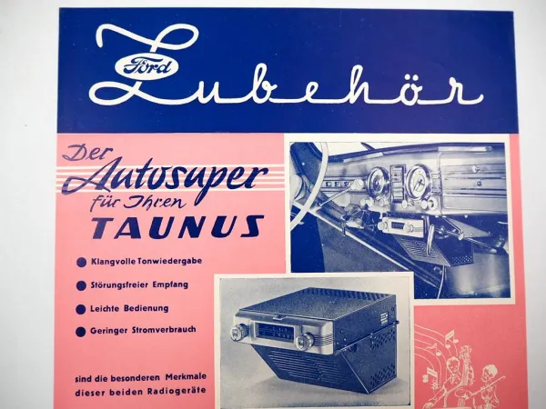 Ford Taunus 17M und Zubehör Radio Klima Koffer 6x Prospekt 1950/60er Jahre