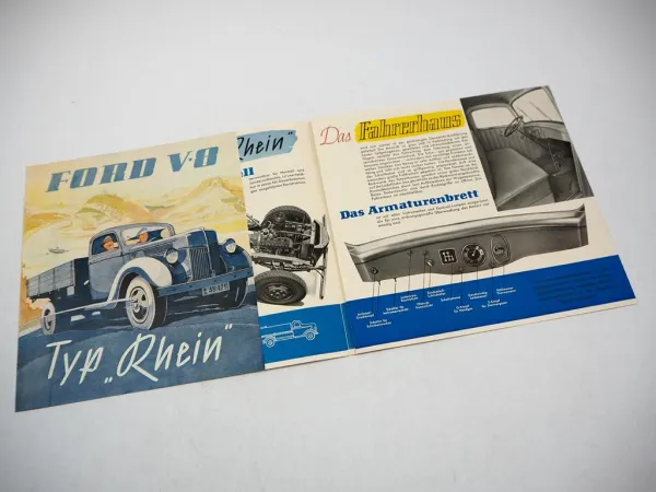 Ford V8 Lastwagen LKW Pritschenwagen Kipper Typ Rhein Prospekt Techn. Daten 1949