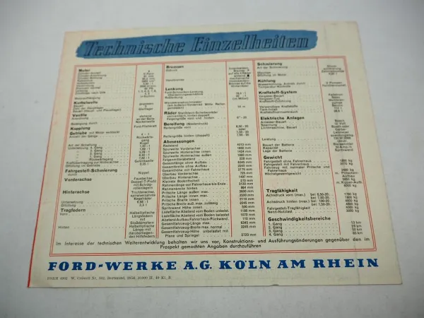 Ford V8 Lastwagen LKW Pritschenwagen Kipper Typ Rhein Prospekt Techn. Daten 1949