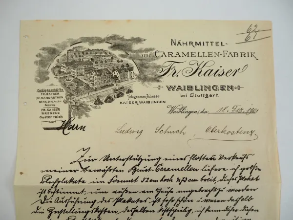 Fr. Kaiser Waiblingen bei Stuttgart Bonbon Caramellen Fabrik Geschäftsbrief 1901