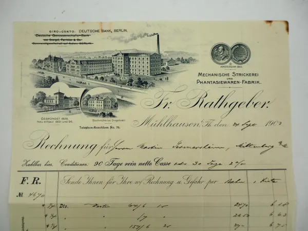 Fr. Rathgeber Mühlhausen Thüringen Strickerei Rechnung 1903