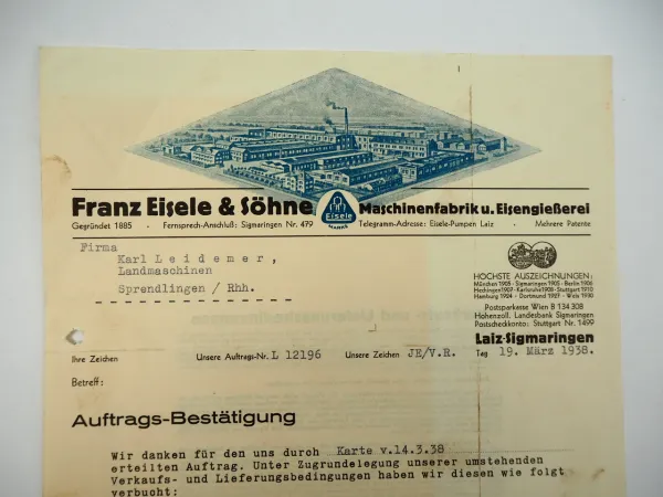 Franz Eisele Söhne Maschinenfabrik Eisengießerei Sigmaringen Brief 1938