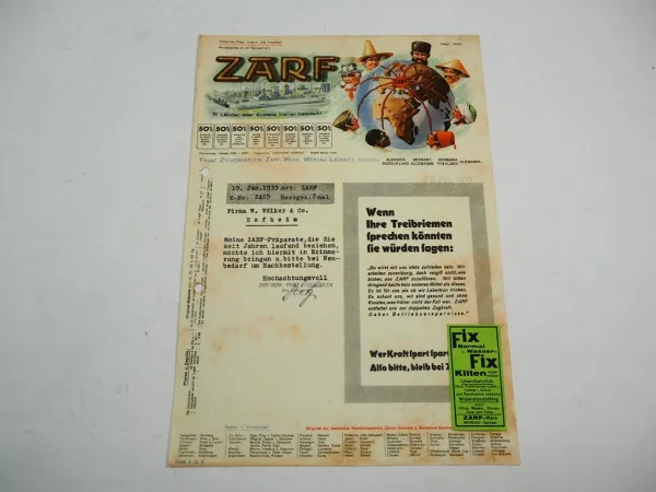 Franz Zschenderlein Zarf Werk Werdau Leubnitz Sachsen Firmenbrief 1933