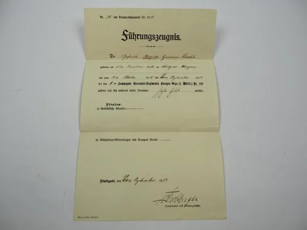 Führungszeugnis Württemberg 9. Kompanie Grenadier Regiment Königin Olga 1912