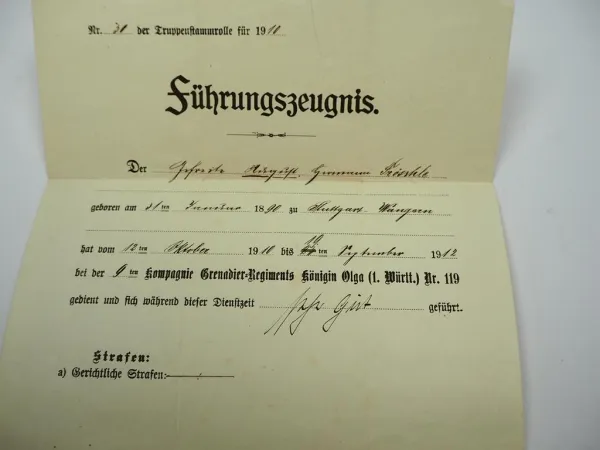 Führungszeugnis Württemberg 9. Kompanie Grenadier Regiment Königin Olga 1912