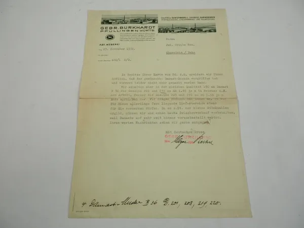 Gebr. Burkhardt Pfullingen Württemberg Weberei Geschäftsbrief 1936