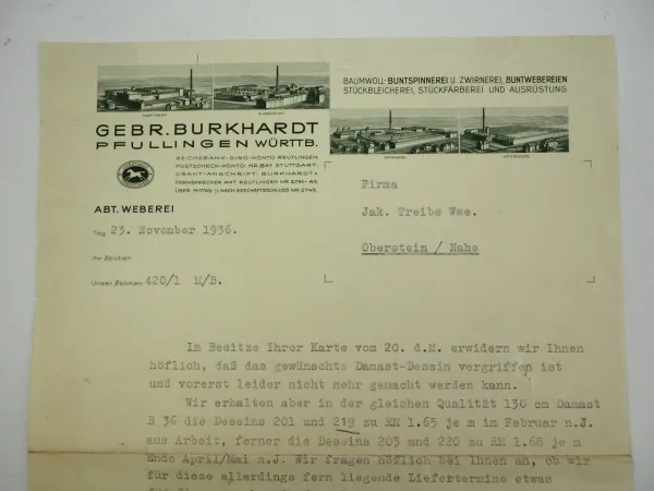 Gebr. Burkhardt Pfullingen Württemberg Weberei Geschäftsbrief 1936