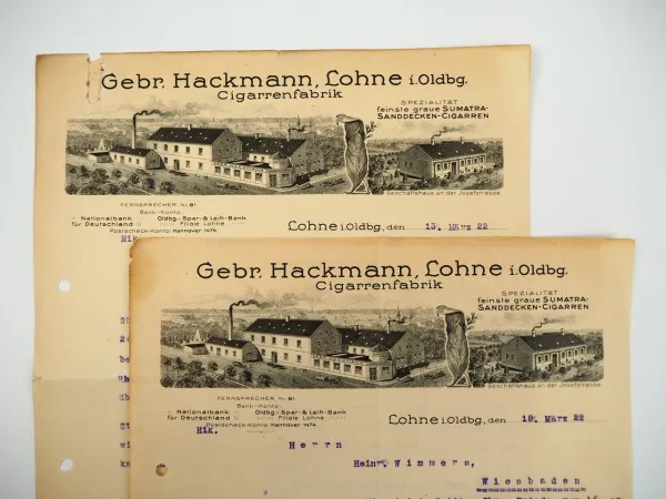 Gebr. Hackmann Lohne Oldenburg Zigarrenfabrik 2x Geschäftsbrief 1922