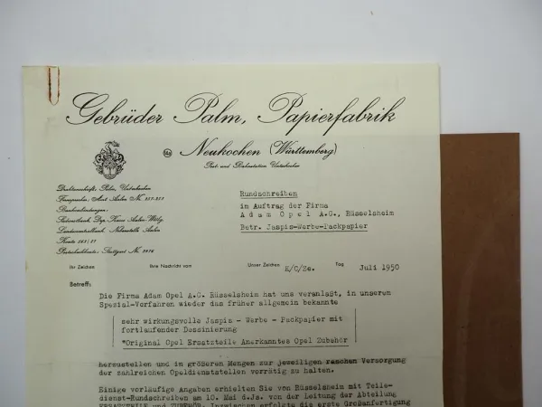 Gebrüder Palm Papierfabrik Neukochen Firmenbrief Angebot Opel Packpapier 1950