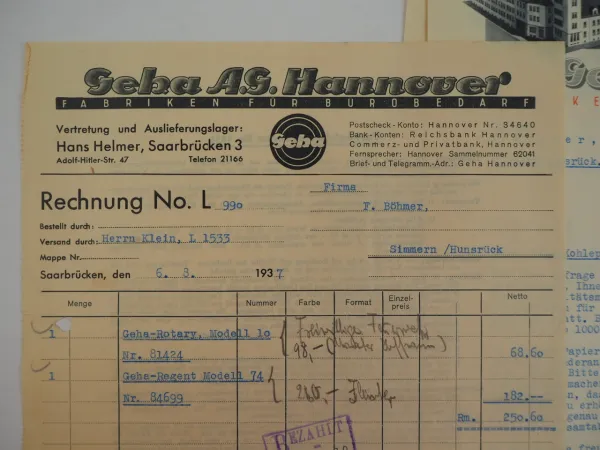 Geha Werke Hannover Bürobedarf Füller Firmenanschreiben Rechnungen 1937/49