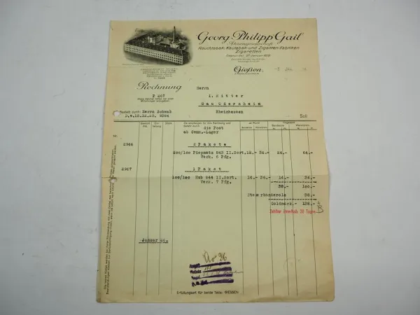 Georg Philipp Gail AG Tabak und Zigarren Zigaretten Fabrik Gießen Rechnung 1926