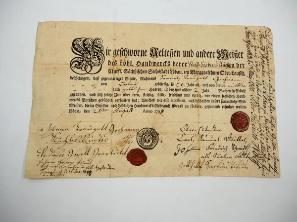 Gesellenbrief Bäcker und Küchler Löbau Oberlausitz 1799 mit Siegel