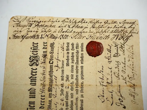 Gesellenbrief Bäcker und Küchler Löbau Oberlausitz 1799 mit Siegel